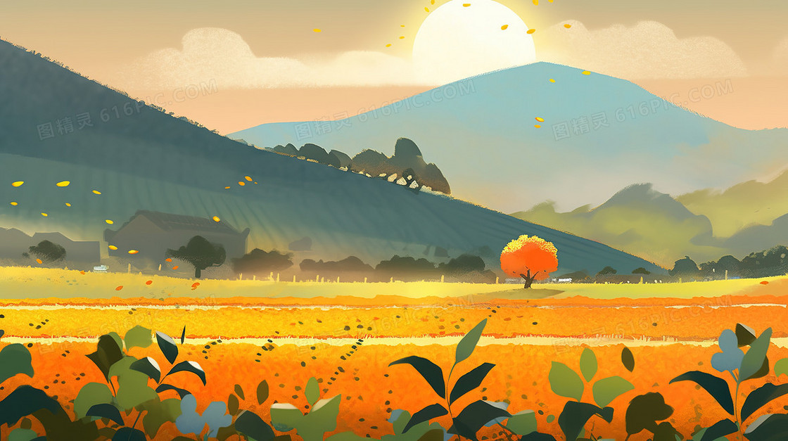秋分节气农村的田野插画