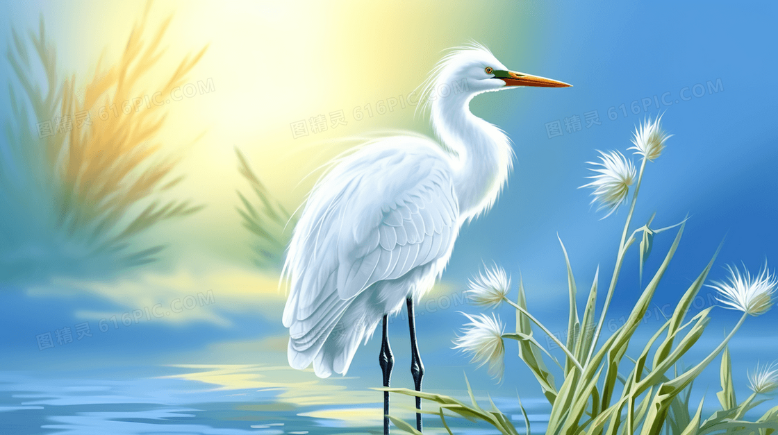 绿色白露节气湖中的白鹭鸟插画
