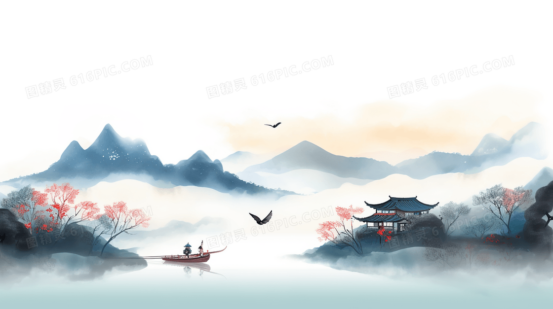 中国风江上泛舟山水水墨风景插画