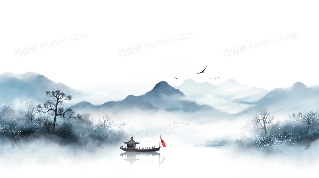 中国风江上泛舟山水水墨风景插画