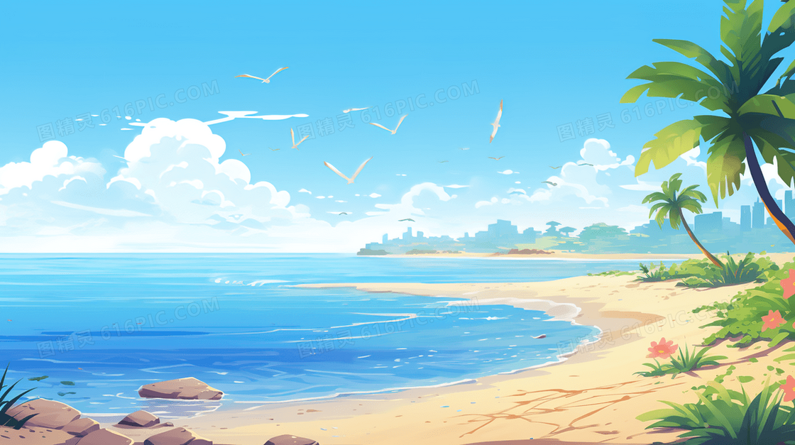 蓝色海洋阳光海滩风景插画
