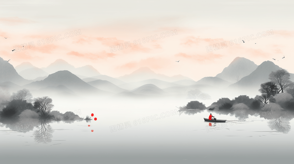 中国风江上泛舟山水水墨风景插画