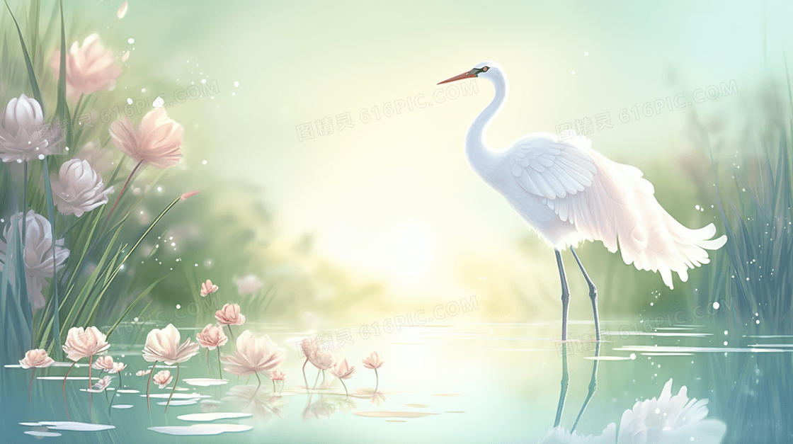 绿色白露节气湖中的白鹭鸟插画
