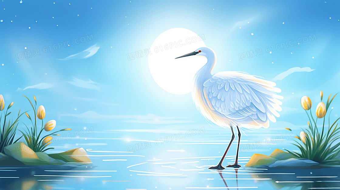 绿色白露节气湖中的白鹭鸟插画