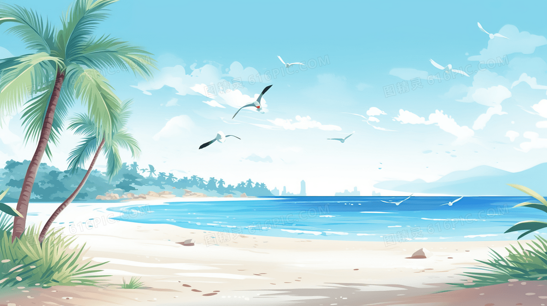 蓝色海洋阳光海滩风景插画