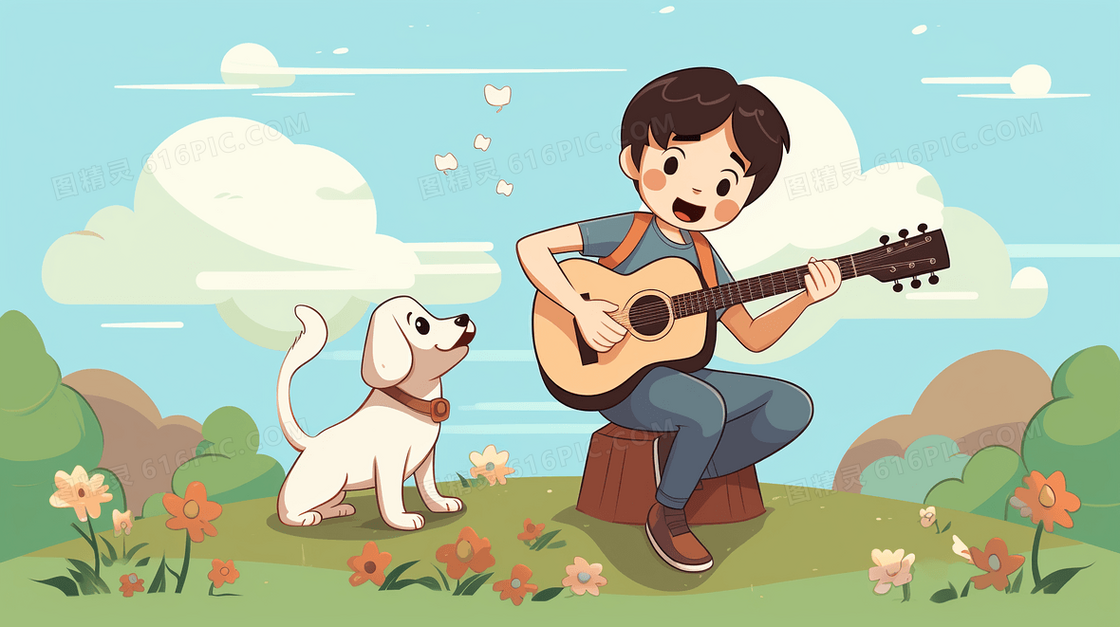 男孩在草地弹吉他插画