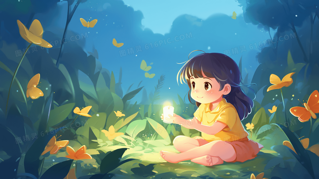 在花丛中玩耍的小女孩插画
