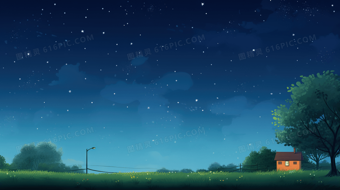夜晚星空下的田野自然风光插画