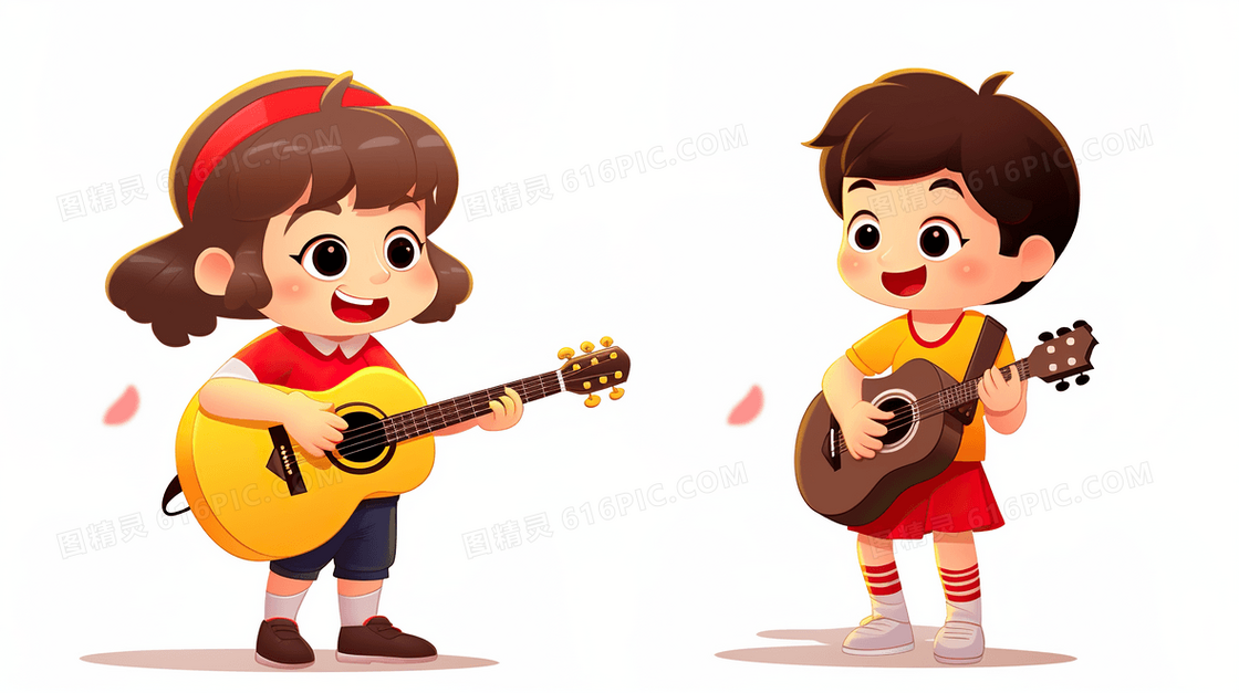 两个小孩在表演弹吉他唱歌插画