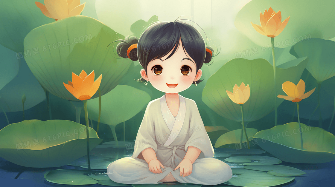坐在莲花中的小女孩插画