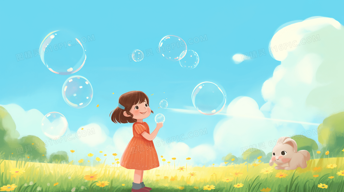 彩色泡泡下快乐玩耍的小女孩插画