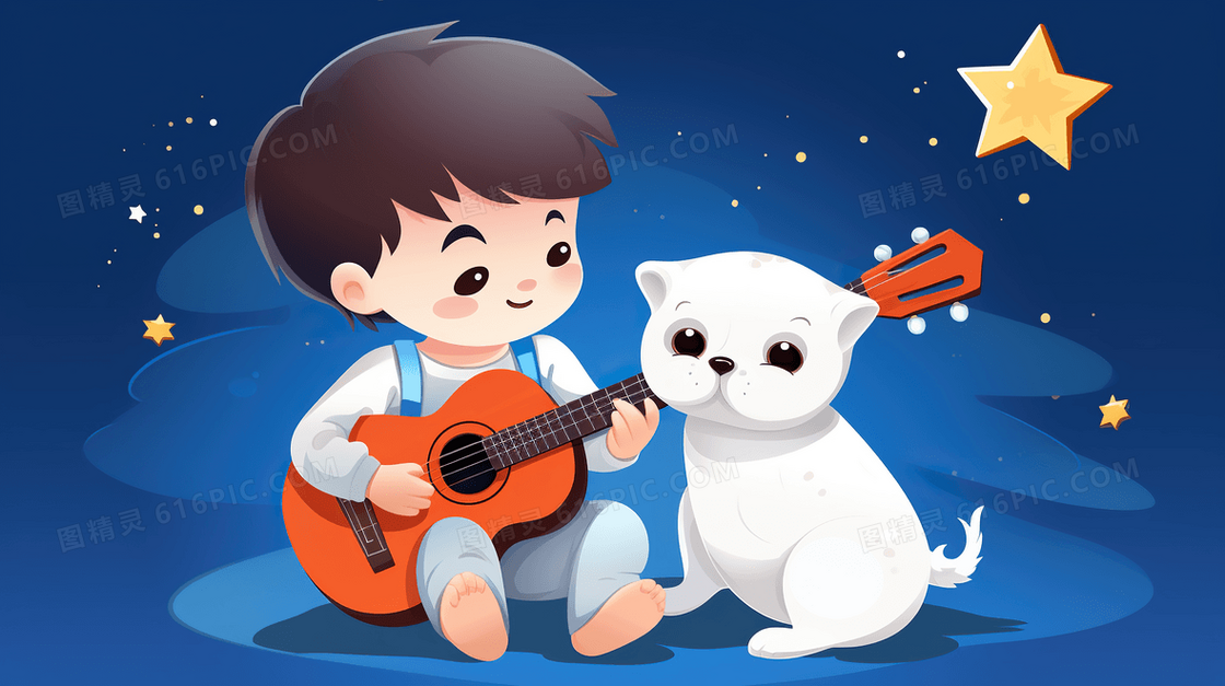 卡通小孩音乐演奏场景吉他小狗插画