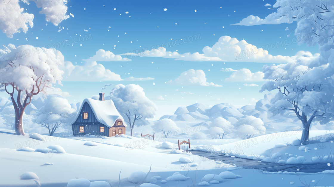 白色飘雪精美冬季雪地风景图创意插画