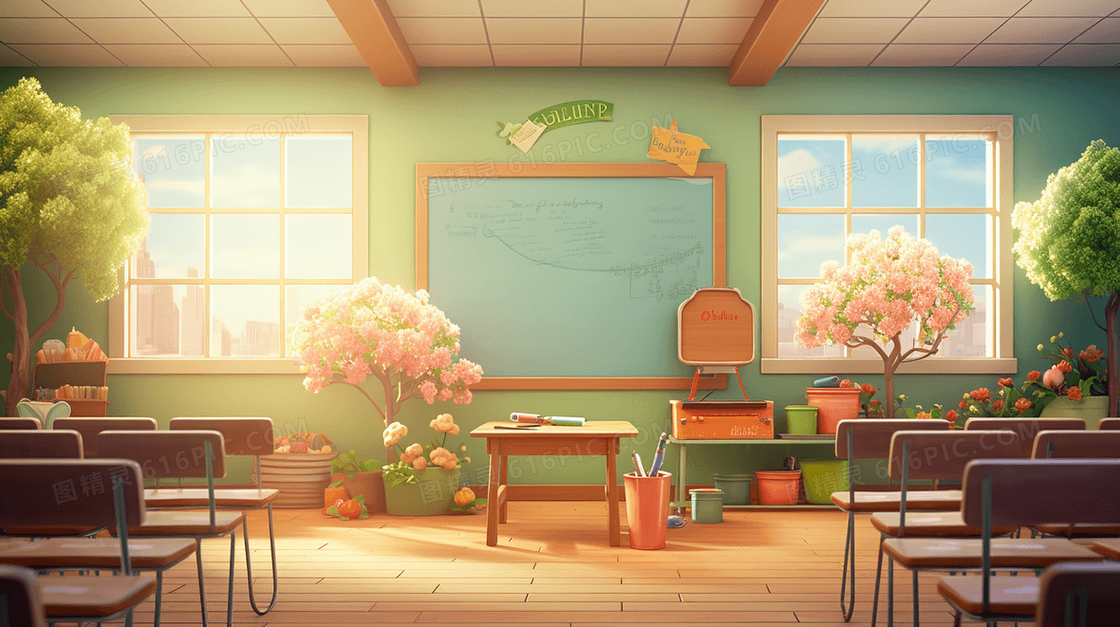新学期开学季充满阳光的教室插画