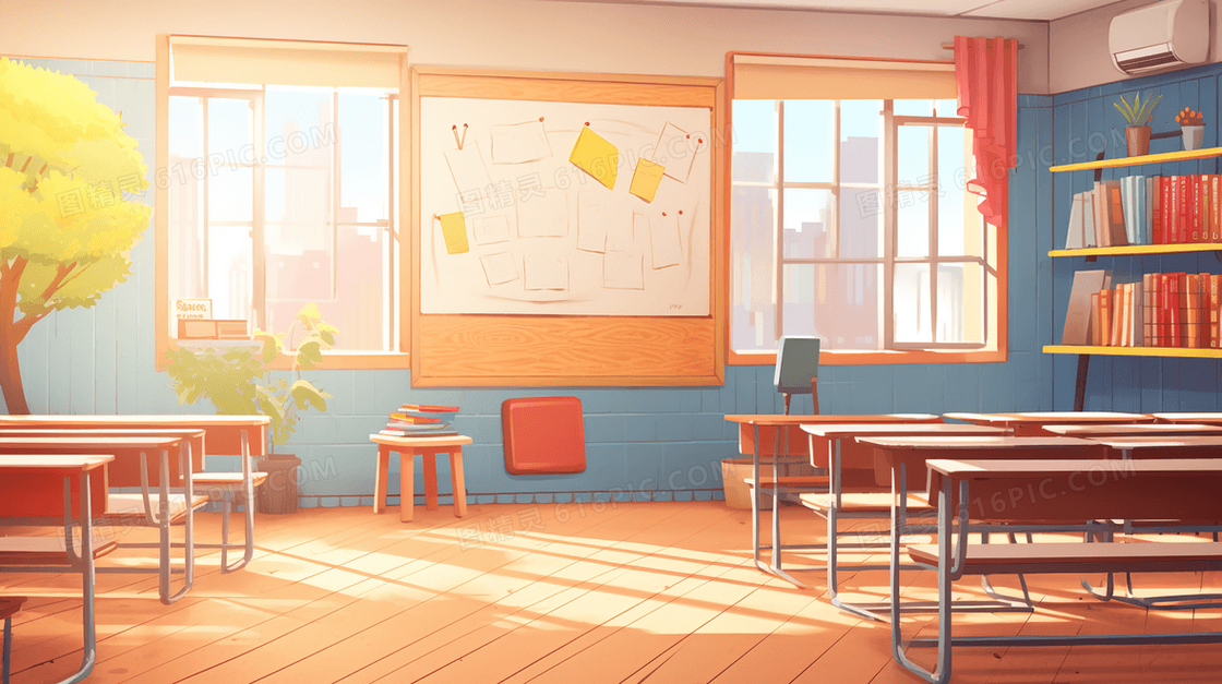 开学季校园充满阳光活力的教室插画