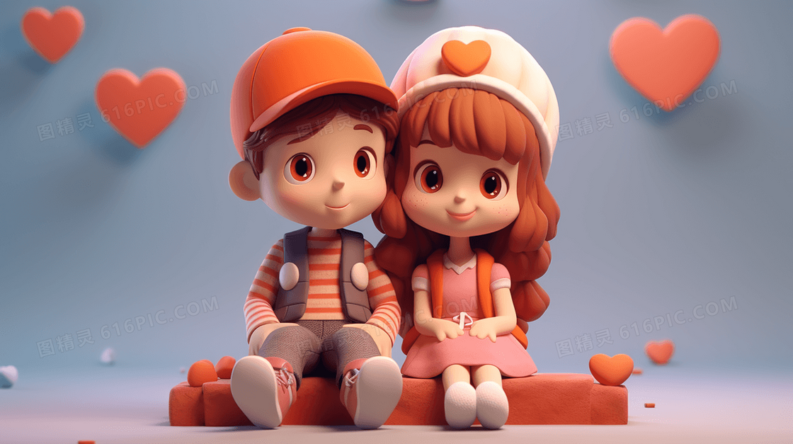 3D立体可爱卡通情侣情人节插画