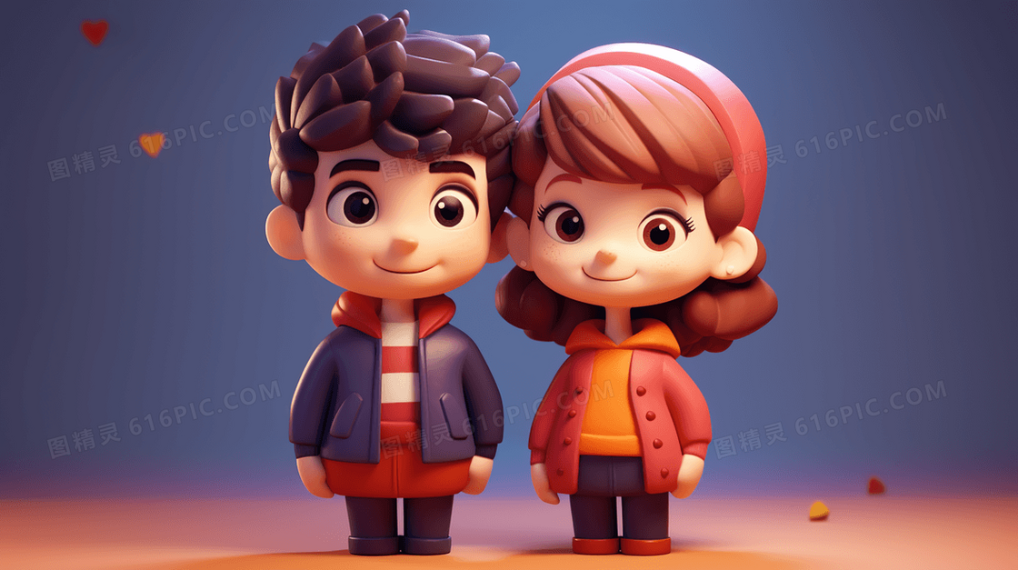 3D立体可爱卡通情侣情人节插画