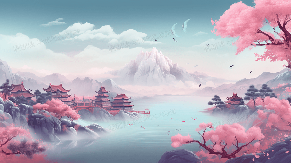 粉色中国风唯美建筑山水风景插画