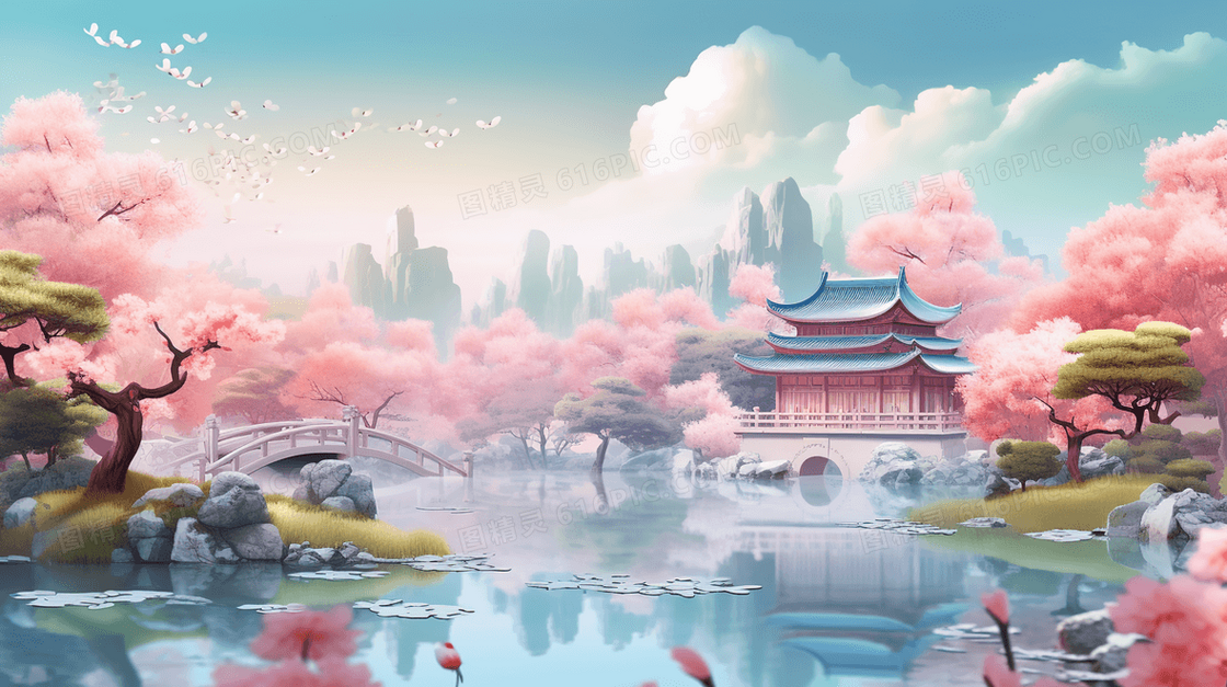 淡雅中国风唯美建筑风景插画