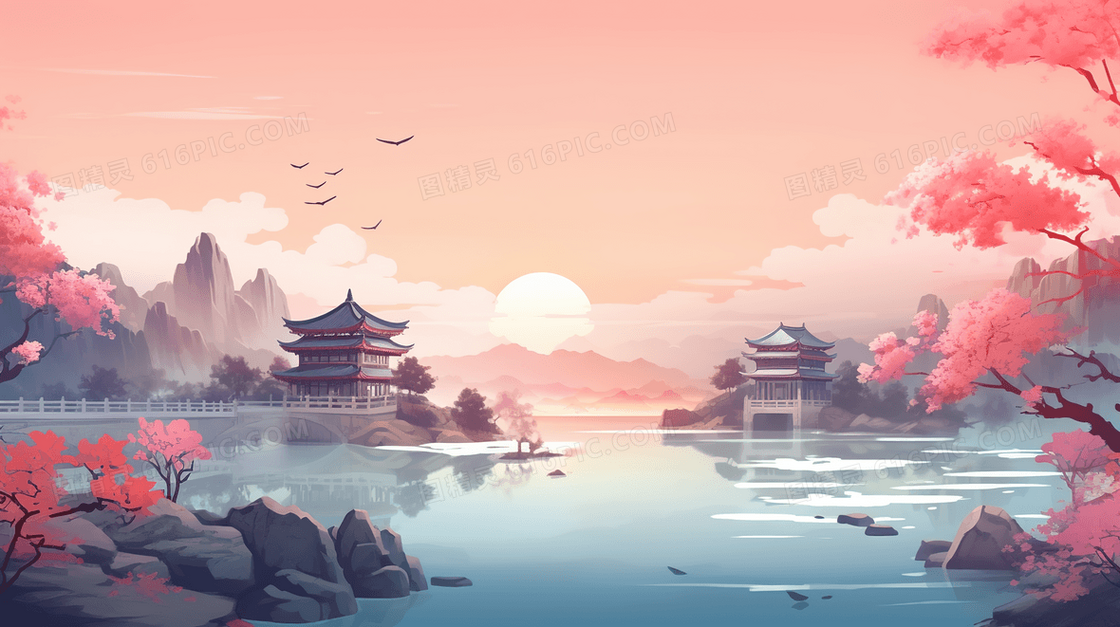 粉色中国风唯美建筑山水风景插画