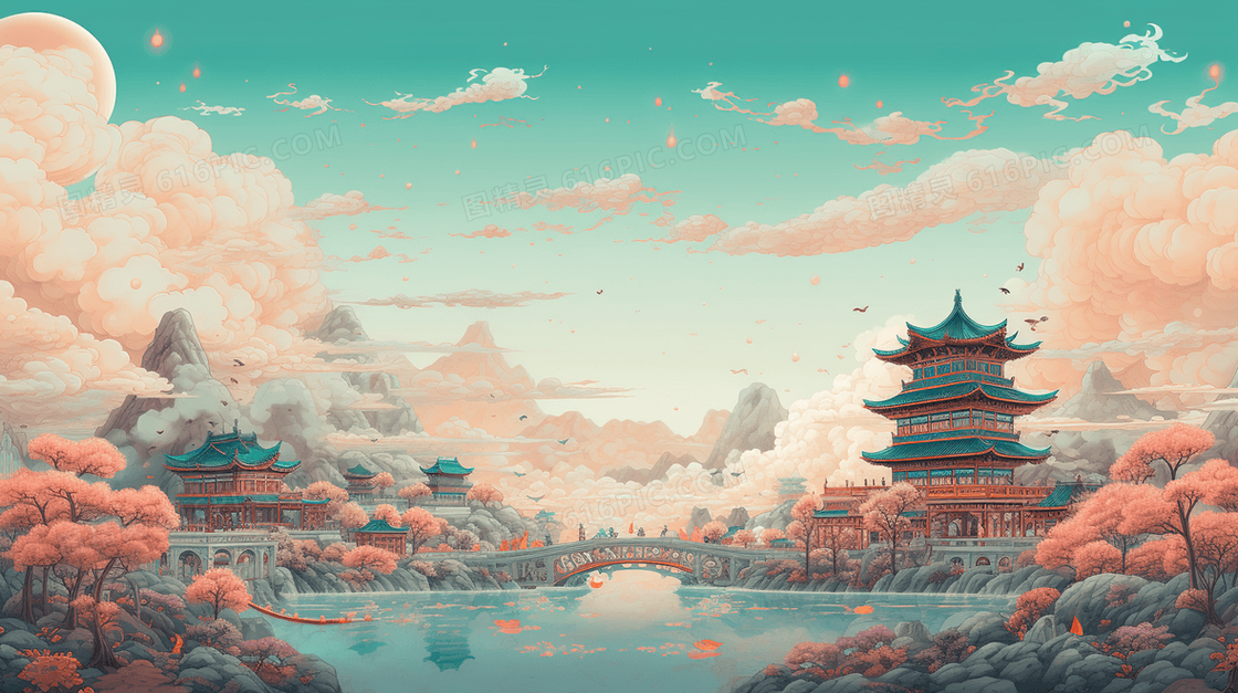 中国风古典唯美建筑山水风景插画