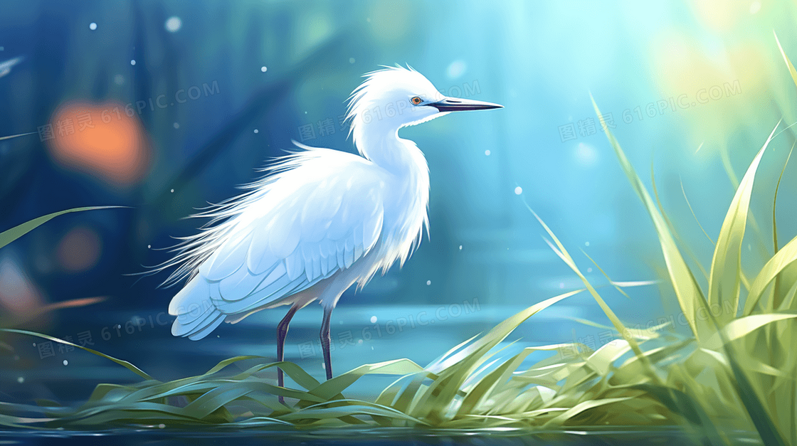 绿色白露节气湖中的白鹭鸟插画
