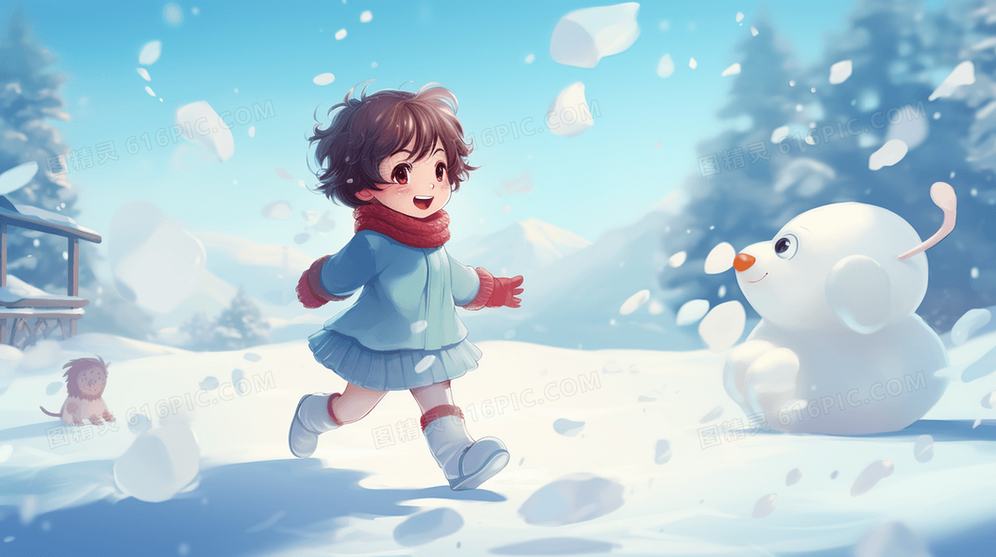 在冬天白色雪地里快乐玩耍的孩子们插画