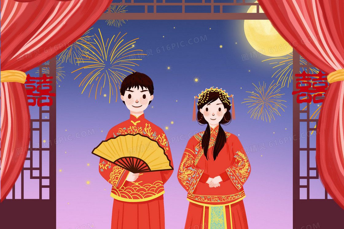 中式婚礼夜景窗棂烟花插画