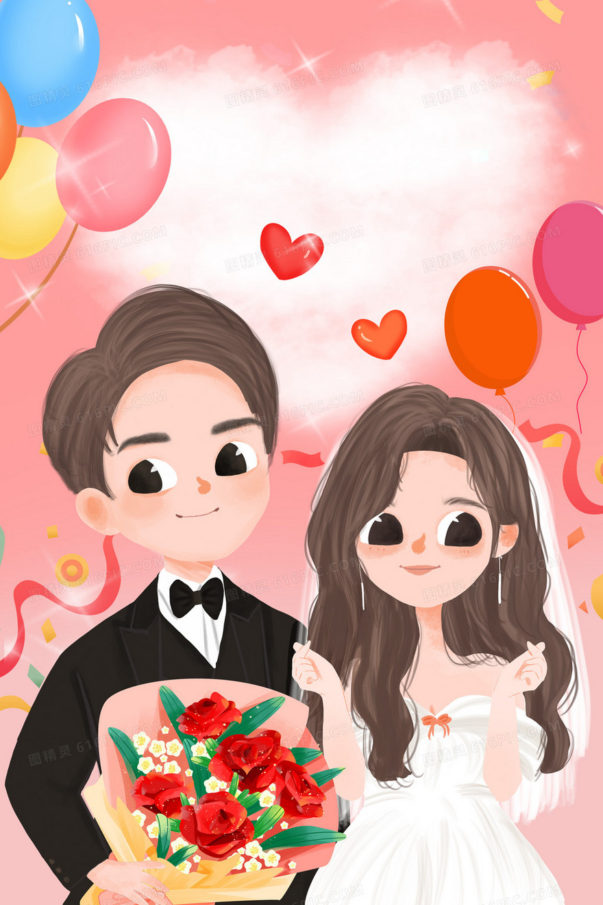 西式婚礼窗前新婚夫妇插画