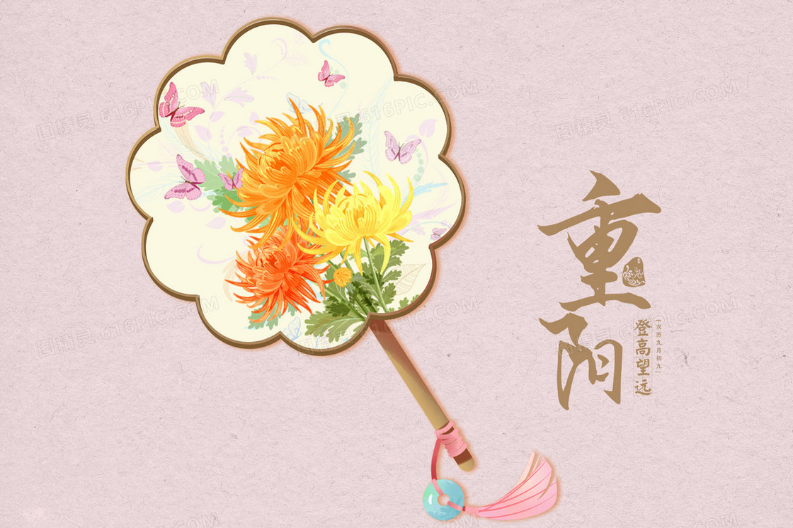 重阳节菊花扇子插画海报