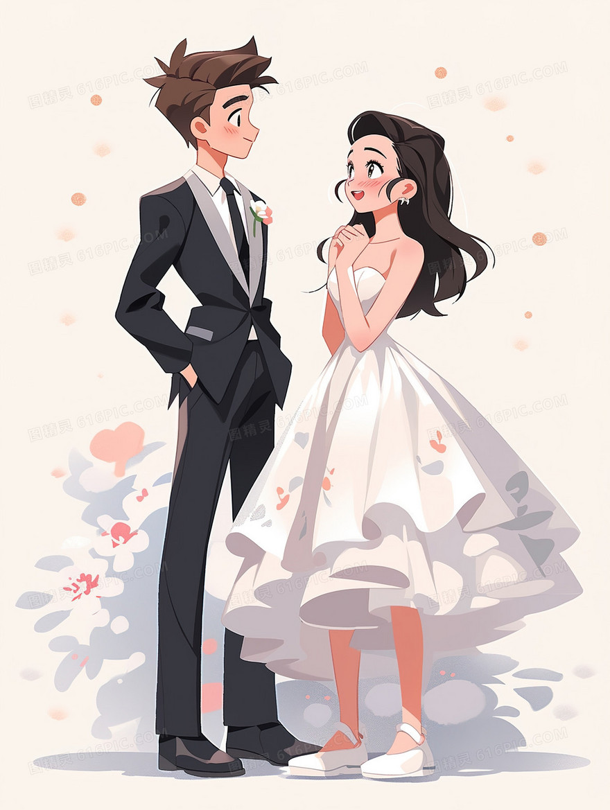 穿婚纱即将结婚的小情侣插画