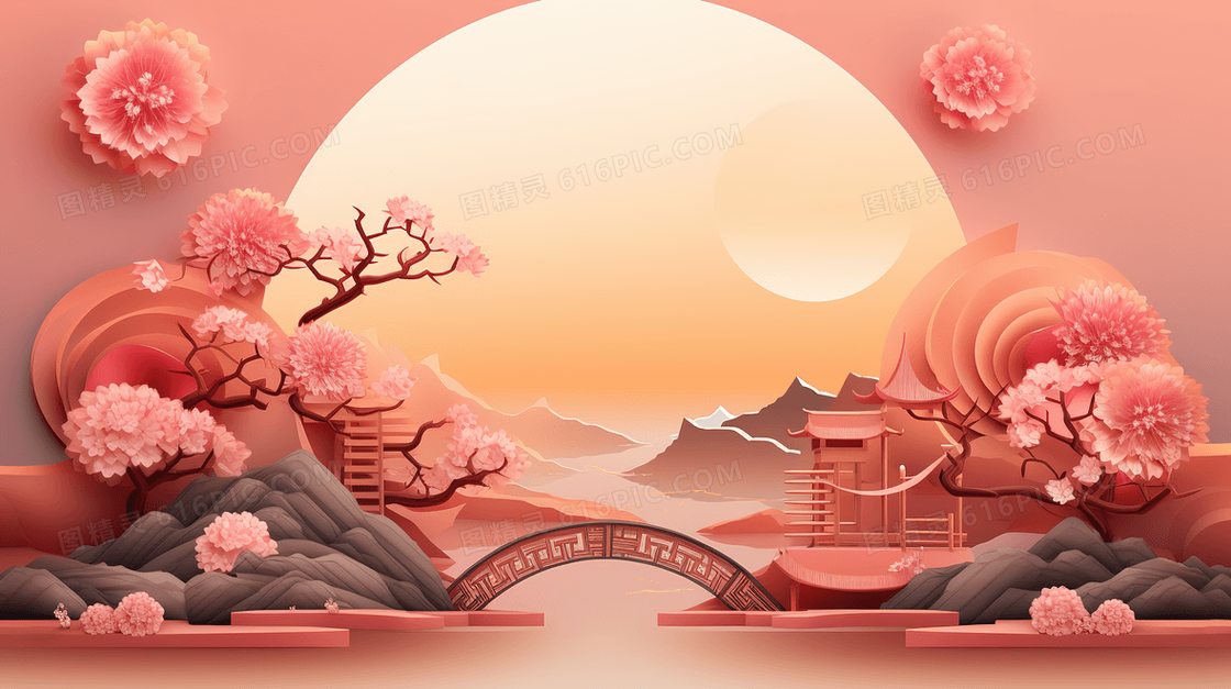 中秋节唯美雅致月夜湖景创意插画