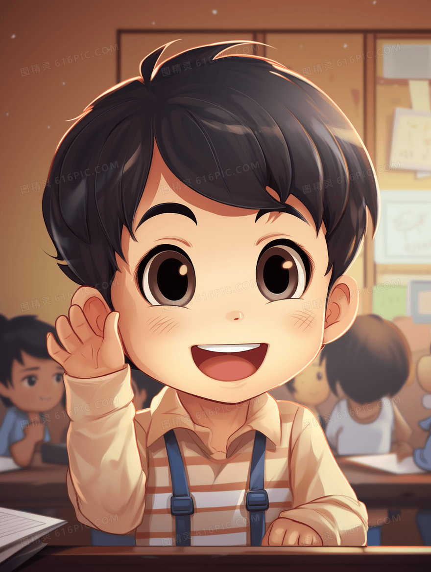 在教室快乐学习的男孩插画