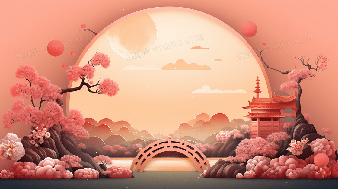 中秋节唯美雅致月夜湖景创意插画