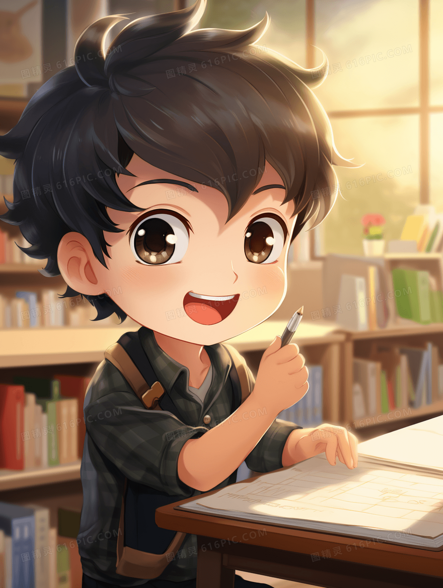 在教室快乐学习的男孩插画
