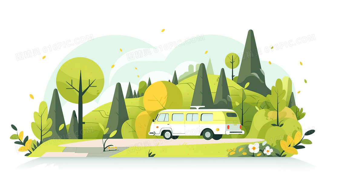 绿色旅行大巴矢量插画