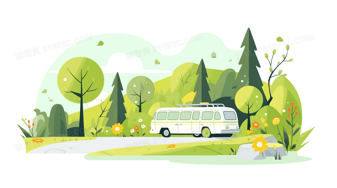 绿色旅行大巴矢量插画