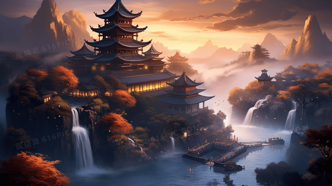 古典中国风建筑山水风景插画