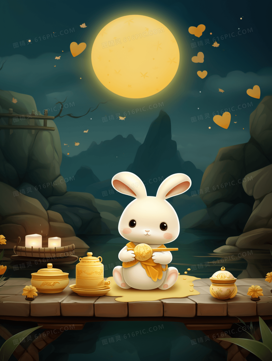 中秋节圆月下的玉兔中国风插画