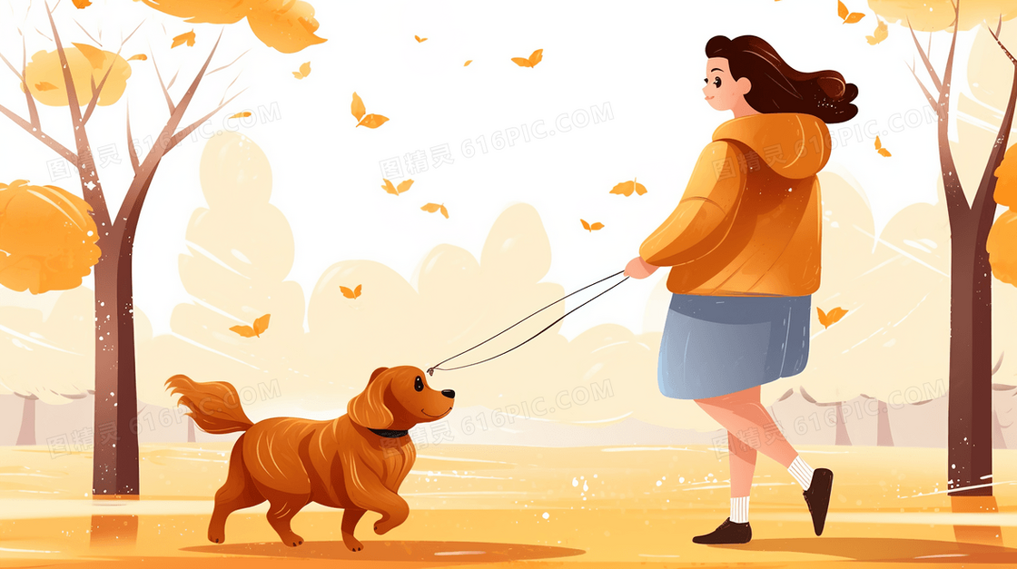 秋天在公园遛狗的女孩插画