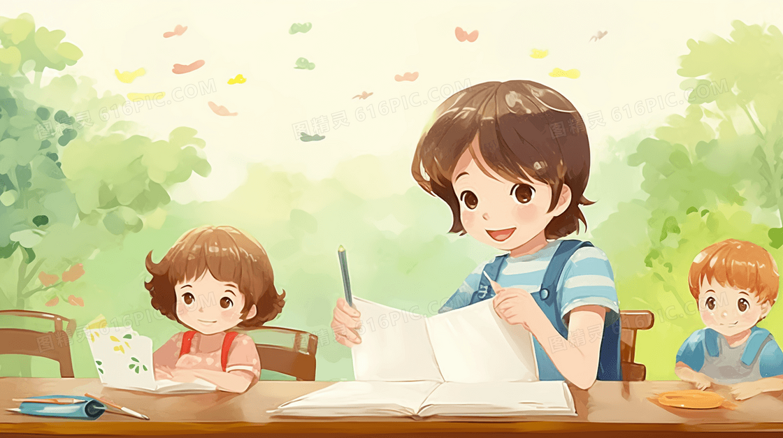 认真交流学习的学生们创意插画