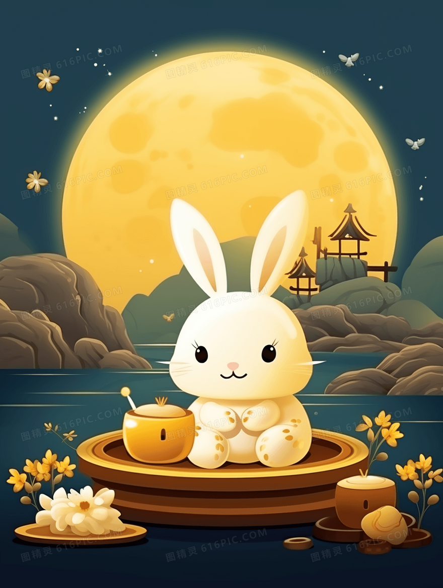中秋节圆月下的玉兔中国风插画