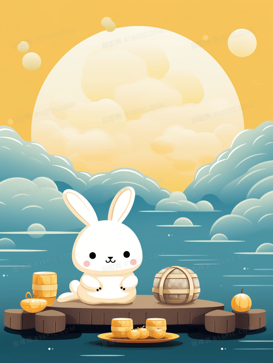 中秋佳节月亮下的玉兔中国风可爱插画