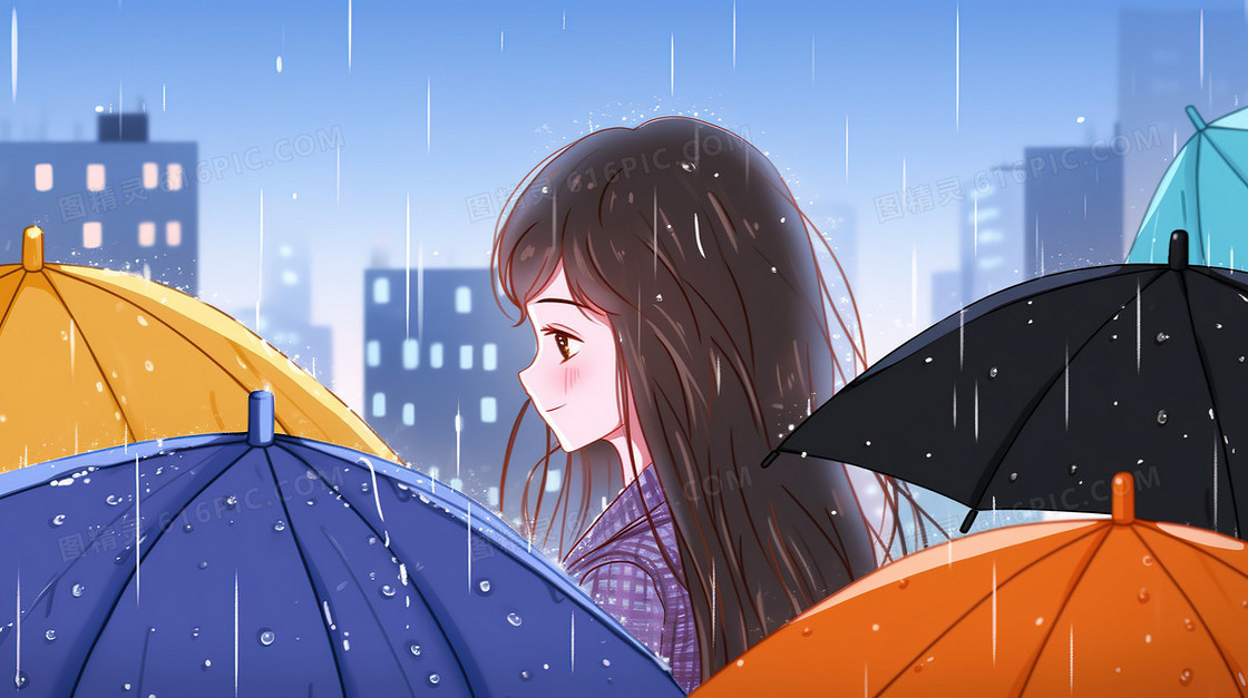 下雨天撑伞的可爱女孩插画 