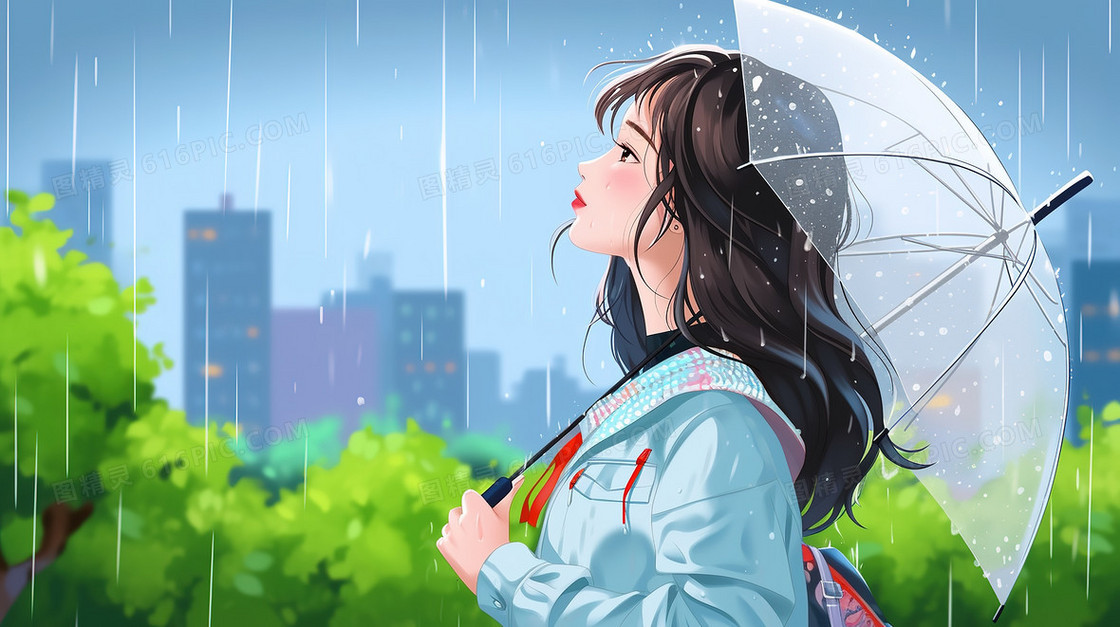 清新唯美体验雨水的女孩插画