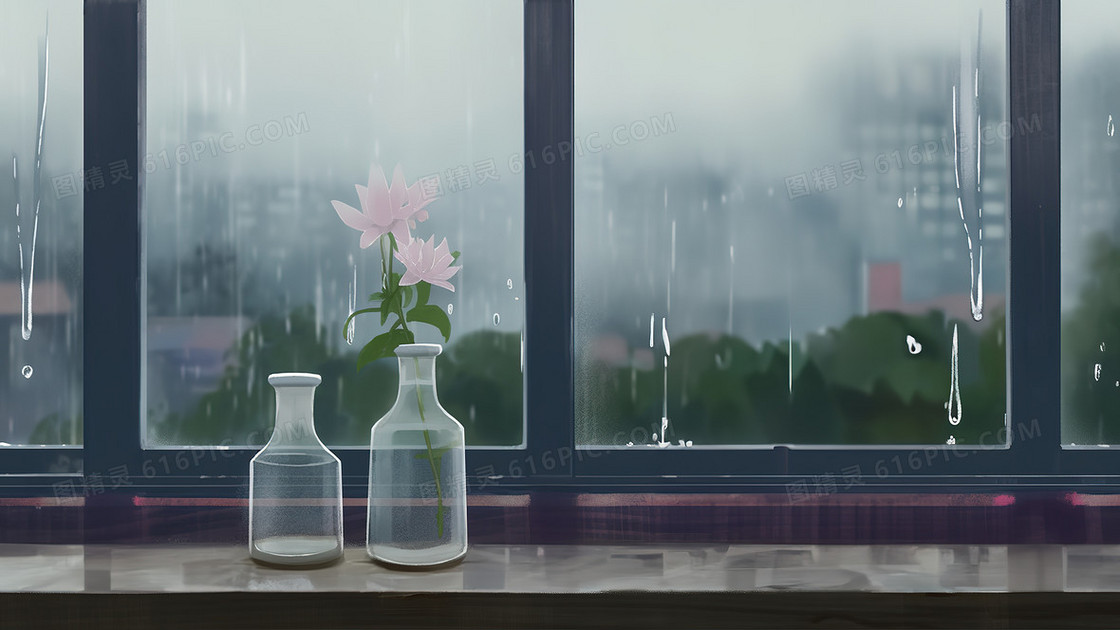梅雨季阳台上的花朵插画