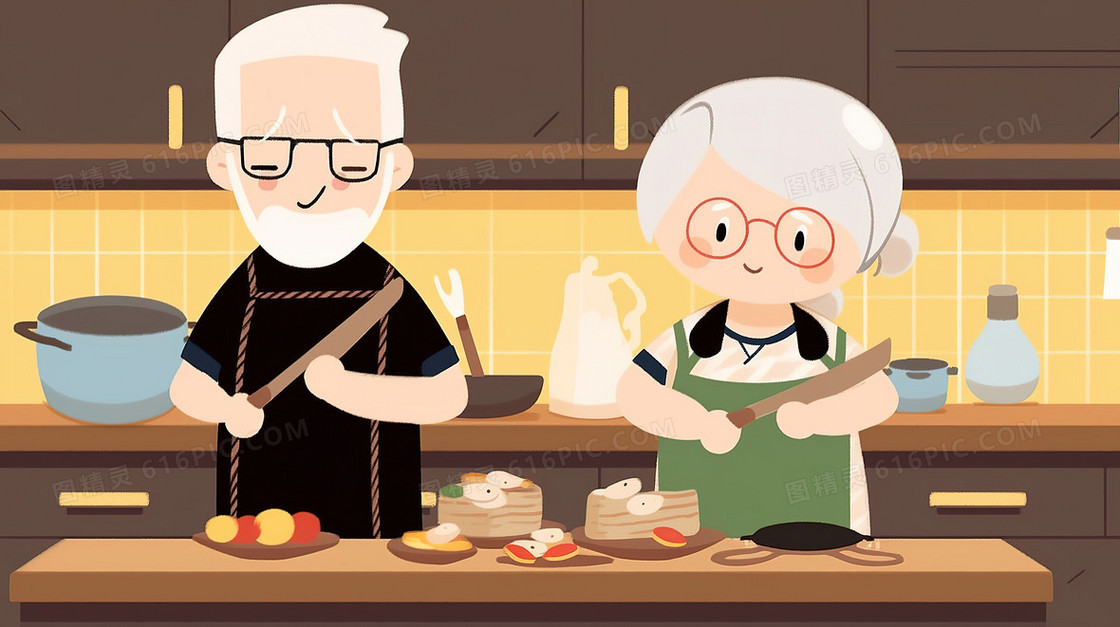 在家做饭的老人插画