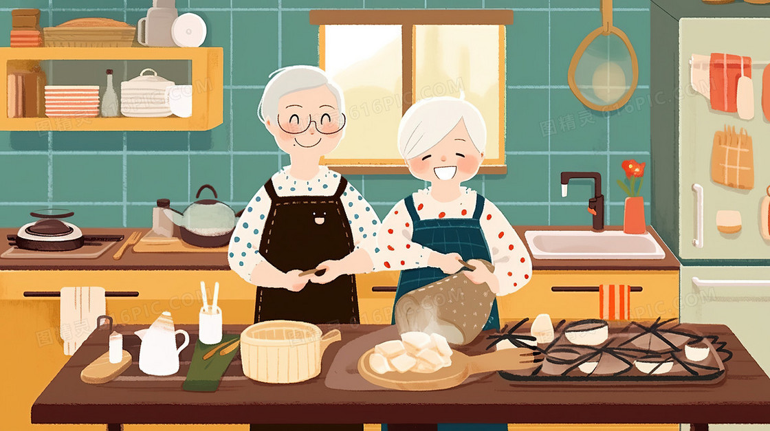 在家做饭的老人插画