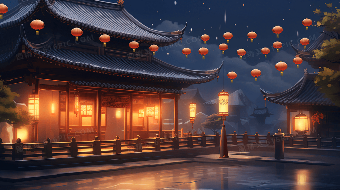 古色古香中秋节挂满红色灯笼的中式庭院创意插画