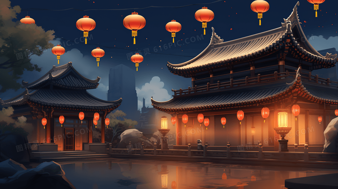 古色古香中秋节挂满红色灯笼的中式庭院创意插画
